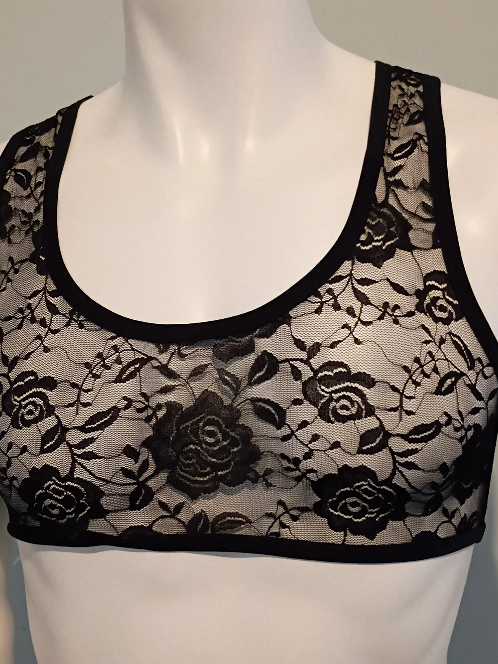 Men's Black Lace Brief-Style Tank - Sheer Floral Mesh